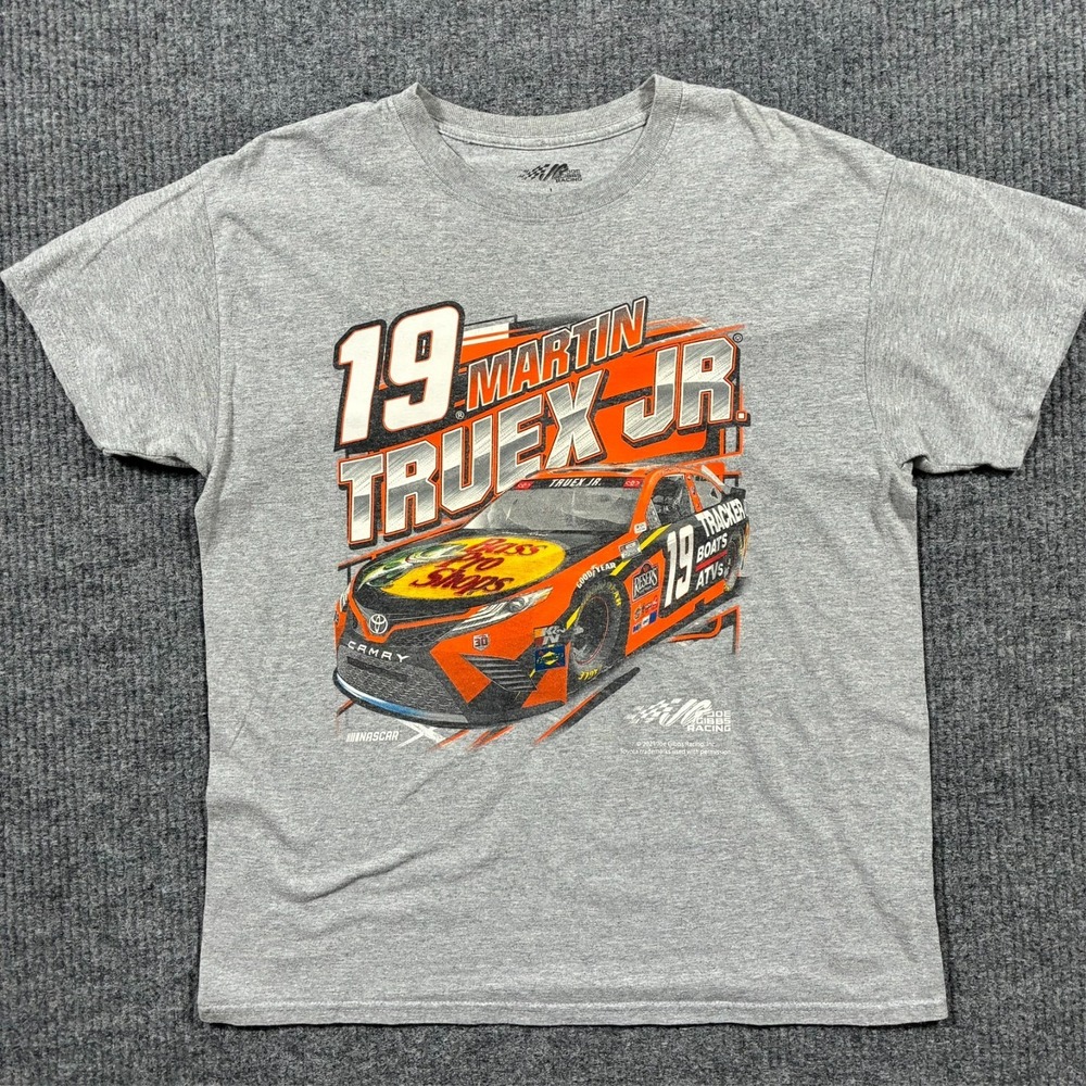 NASCAR Martin Truex Jr 19 T Shirt Mens Size L Gray Graphic Tee Joe Gibbs Racing
